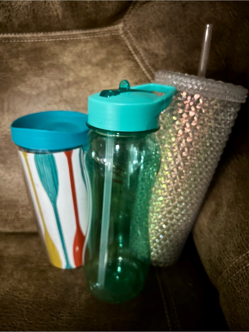 3-Turquoise Plastic Water Bottle with Straw - Home Dining